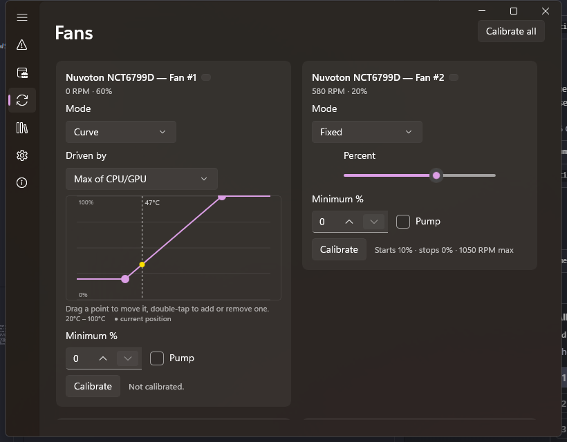 The Fans page's curve editor: a draggable line chart mapping temperature to fan percent, with the current operating point marked.