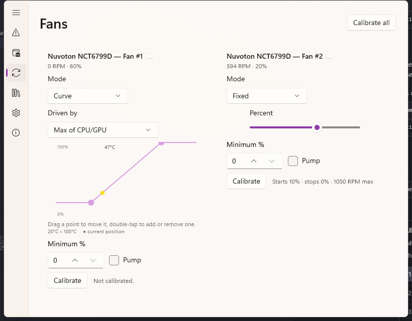 The Fans page's curve editor: a draggable line chart mapping temperature to fan percent, with the current operating point marked.