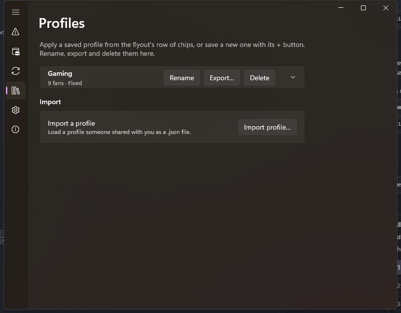 The Profiles page, listing a saved 'Gaming' profile with rename, export and delete actions, plus an import card.