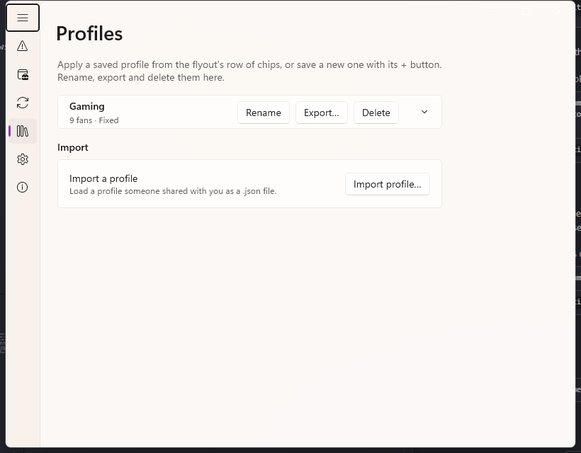 The Profiles page, listing a saved 'Gaming' profile with rename, export and delete actions, plus an import card.