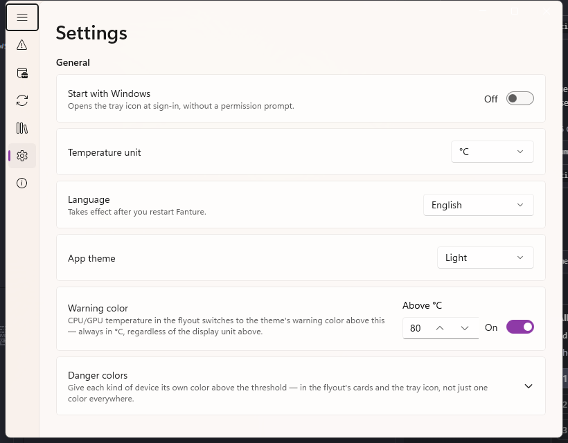 The Settings page, showing temperature unit, language, app theme and warning-color controls.